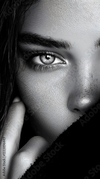 Fototapeta Dramatic black-and-white beauty shot of a brunette model with deep, wavy hair, intense lighting contrast, timeless elegance, artistic and cinematic portrait, rich texture and definition, editorial 