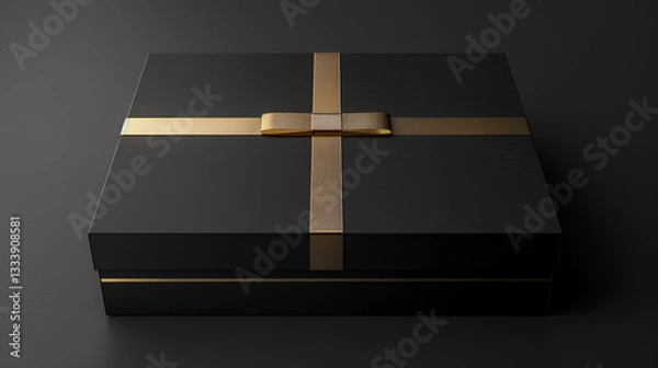 Obraz Black Matte Gift Box with Golden Ribbon