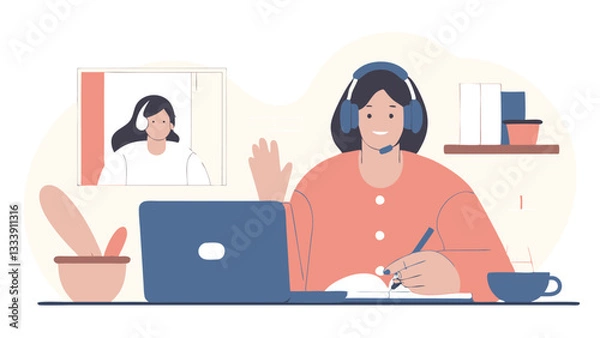 Fototapeta A young woman in headphones listens attentively to an online webinar, writing down important information in a notebook. She is sitting at a table in front of a laptop.