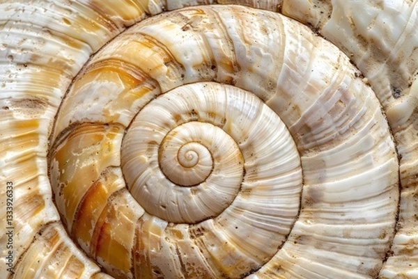 Fototapeta Seashell's Spiral: A Close-Up Look at Nature's Geometry, Revealing the Intricate Details of Shell Texture and Growth Patterns, Exhibiting Stunning Hues of Beige and Brown