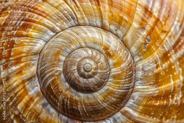 Fototapeta Snail Shell's Spiral: A Close-Up View of Nature's Geometry, Revealing Intricate Patterns and Textured Details in a Golden-Brown Hues.  Magnificent Natural Art Displaying the Wonders of Mollusk Shells.