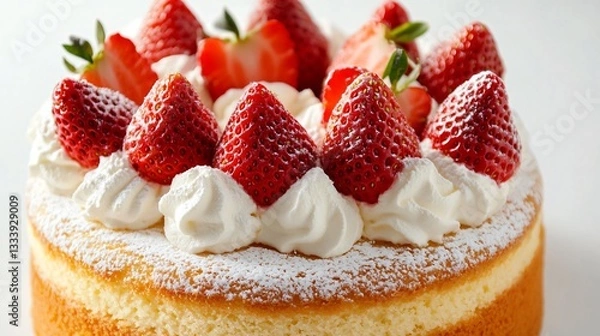 Fototapeta A gourmet-style golden sponge cake topped with fresh strawberries and whipped cream, delicate powdered sugar dusting, set on a pure white background