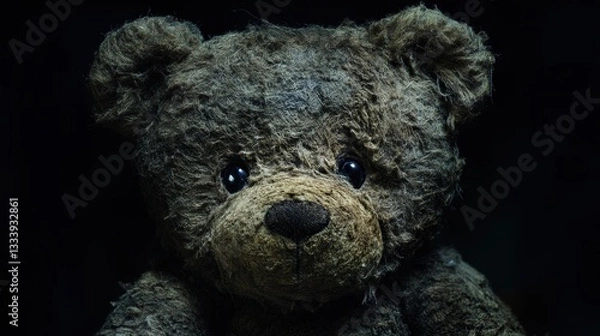 Fototapeta A teddy bear, its fur worn and soft, sat silently, shielding the eyes of a young child with its worn fur, a stark reminder of the vulnerability and pain often associated with child abuse.