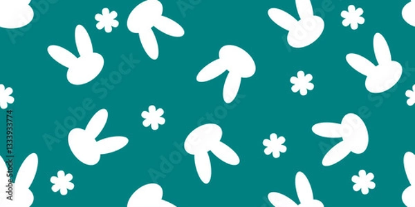 Fototapeta Cute bunny and flower pattern on teal background, perfect for spring designs. This playful design adds cheerful touch to any project