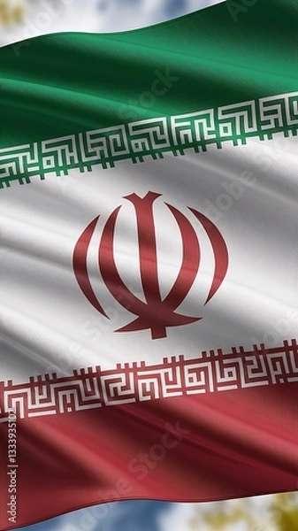 Fototapeta Iran Flag Waving in the Wind – Realistic Texture & Dynamic Motion, waving Iran flag, Iranian national flag, Iran pride flag, Iran national colors, Iran tricolor flag, textured Iran flag,

