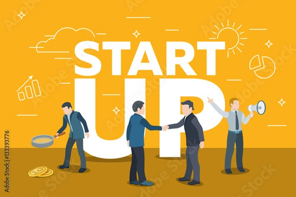 Fototapeta Business startup work moments. Search money, contracting, promotion. Man with a magnifier, two people shake hands, a man with a loudspeaker. White letters startup Vector illustration in a flat style.