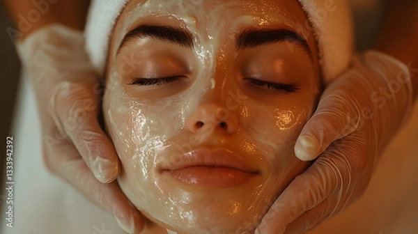 Fototapeta Serene Skincare: A close-up shot captures a woman's face during a luxurious spa treatment, as gloved hands gently apply a moisturizing facial mask, promoting relaxation and beauty.