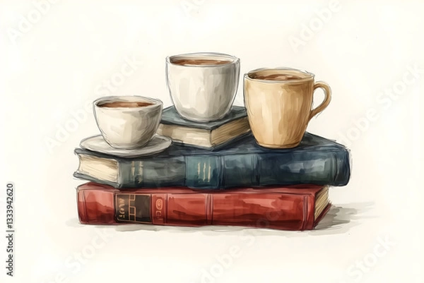 Obraz Cozy Read: A stack of books, each bound in a different hue, supports a trio of coffee-filled cups, creating an inviting scene for relaxation. 