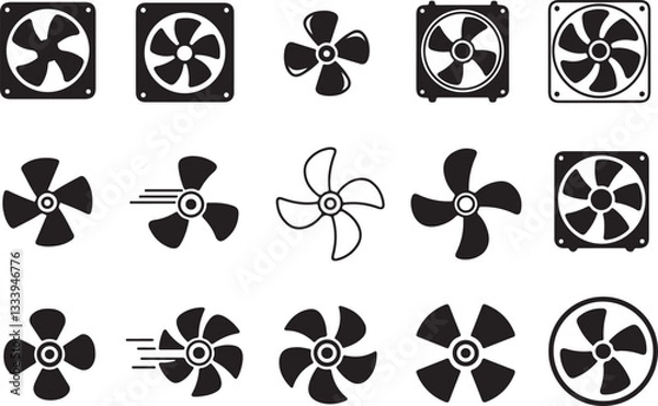 Fototapeta Set of fan propeller icon, vector. Silhouette of Computer cooling device. Electrical temperature equipment. Cooling fan elements. Vector illustration.