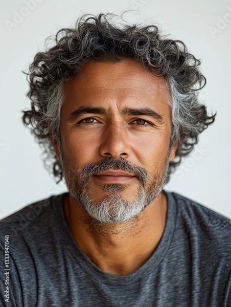 Fototapeta Portrait of a Hispanic man with curly gray hair showcasing a stylish graphic tee