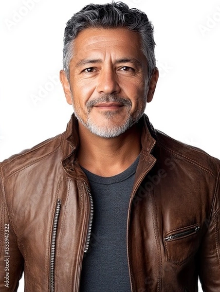 Fototapeta Portrait of a Hispanic Man with Gray Stubble in a Leather Jacket