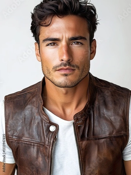 Fototapeta Hispanic Man with Strong Eyebrows in Leather Vest Intense Look Studio Shot
