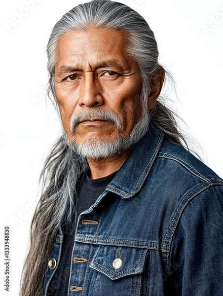 Fototapeta Portrait of Native American Man with Long Gray Hair in Traditional Attire