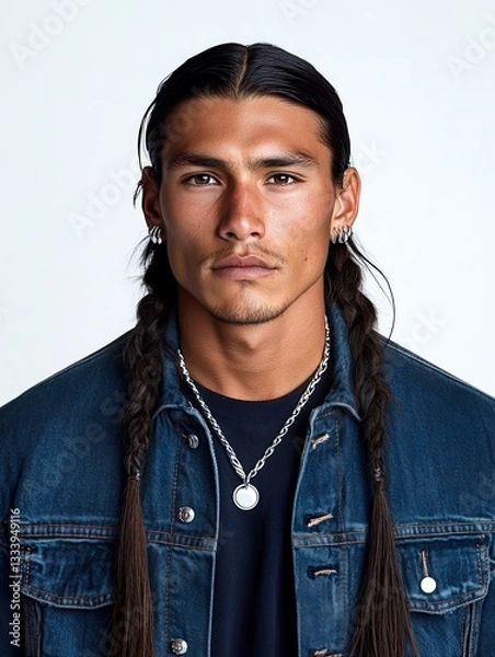 Fototapeta Portrait of Native American Man with Silver Studs and Denim Jacket