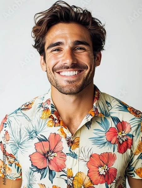 Fototapeta Joyful Man Smiling Hawaiian Shirt Tropical Vacation Summer Vibes Happy Expression