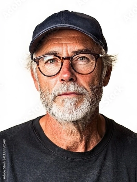 Fototapeta Portrait of a Man with Weathered Face Glasses and Baseball Cap