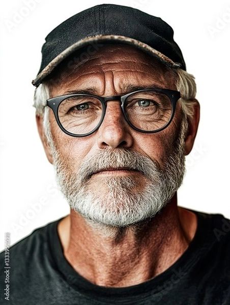 Fototapeta Portrait of a Man with Weathered Face Glasses and Baseball Cap