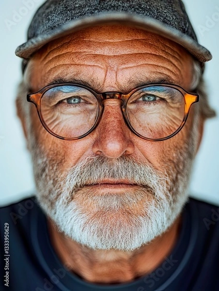 Fototapeta Portrait of a Man with Weathered Face Glasses and Baseball Cap