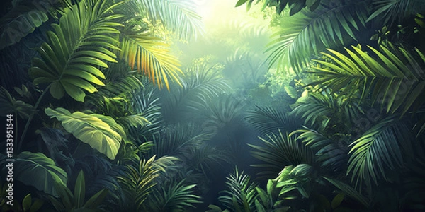 Fototapeta Lush tropical rainforest with dense green foliage and sunlight filtering through