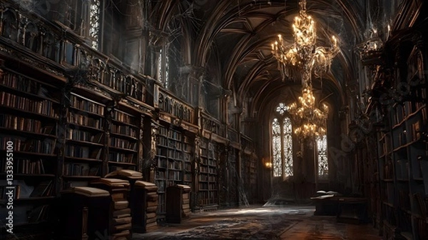 Fototapeta 18. An abandoned gothic library with cobwebbed chandeliers, silent and haunted with time