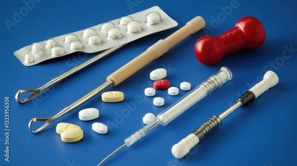Fototapeta Modern medical setup with pills, syringes, and advanced instruments on a clean blue background