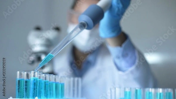 Fototapeta Close up of a female scientist researcher hand using a micropipette to fill up test tubes with a blue liquid in laboratory. Medicine and science