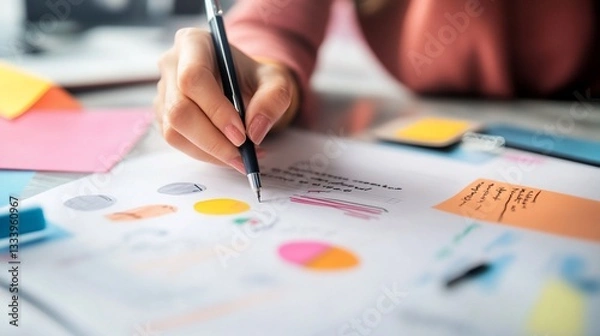 Fototapeta Woman hand writing notes and analysis data on paper sheets, planning projects