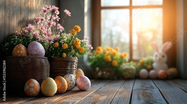 Obraz Colorful Easter Eggs and Spring Flowers in Wicker Baskets Near Sunlit Window on Rustic Wooden