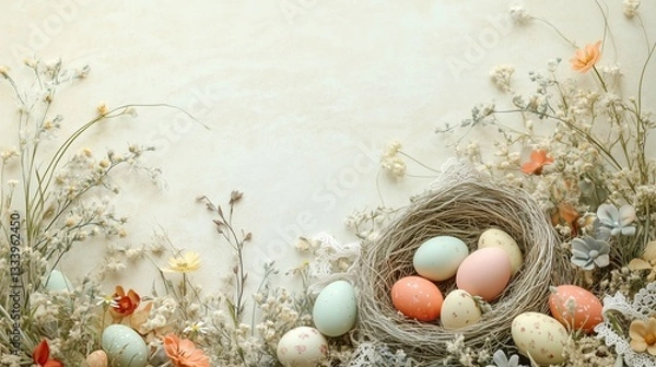 Obraz Pastel Easter Eggs in Rustic Bird Nest Surrounded by Delicate Dried Flowers and Lace on Soft Vintage Background