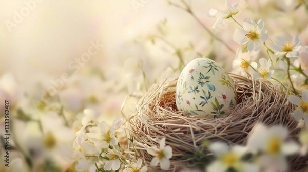 Obraz Hand-Painted Easter Egg in Straw Nest with Soft Spring Flowers on Warm Cream Background