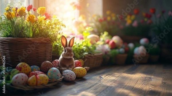 Obraz Adorable Easter Bunny Sitting Among Colorful Decorated Eggs with Spring Flowers in a Cozy Sunlit Indoor Setting