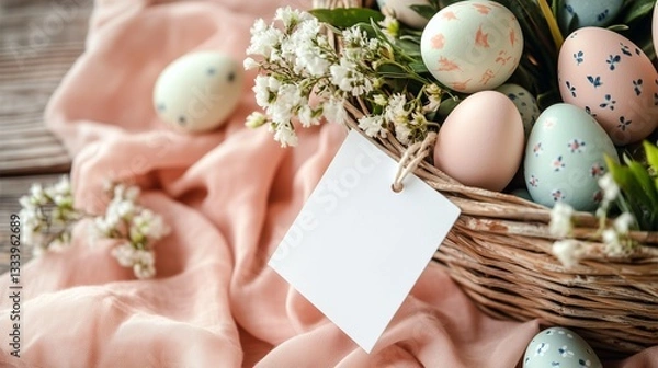 Obraz Easter Basket with Decorated Pastel Eggs, Blank Gift Tag, and Spring Flowers on Soft Fabric for Festive Holiday Celebration