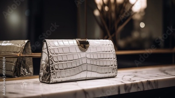 Fototapeta Elegant White Crocodile Skin Clutch Purse on Marble Surface