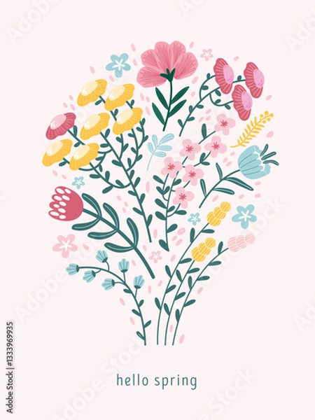 Fototapeta Hello spring poster with bouquet flowers on pink background. Card for spring holiday with wildflowers, daisies, roses, tulips bouquet. Floral illustration for Womens Day March 8, birthday, Mothers Day
