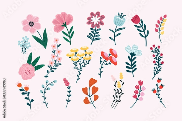 Fototapeta Collection of different beautiful wildflower and garden flowers. Big summer and spring set botanic garden elements. Chamomile, bluebell, tulip, Rose, snowdrop. Hand drawn colorful vector illustration