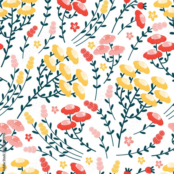 Fototapeta Blooming summer meadow vector seamless pattern. Repeating floral pattern on white background. Spring wildflowers, daisies, chamomile, buds, leaves. Lot of different flowers yellow, red, pink color