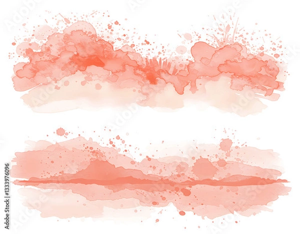 Fototapeta Watercolor splashes in coral pink hues abstract horizontal bands, soft gradients fluid art paint splatters texture diffused edges, pastel tones translucent layers on transparent background.
