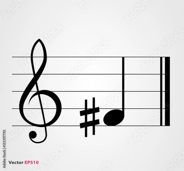 Fototapeta Sharp musical symbol with note, treble clef and staff