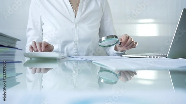 Fototapeta Businesswoman analyzing financial data with magnifying glass and calculator, performing accounting and auditing tasks in office. Audit and taxes theme in business