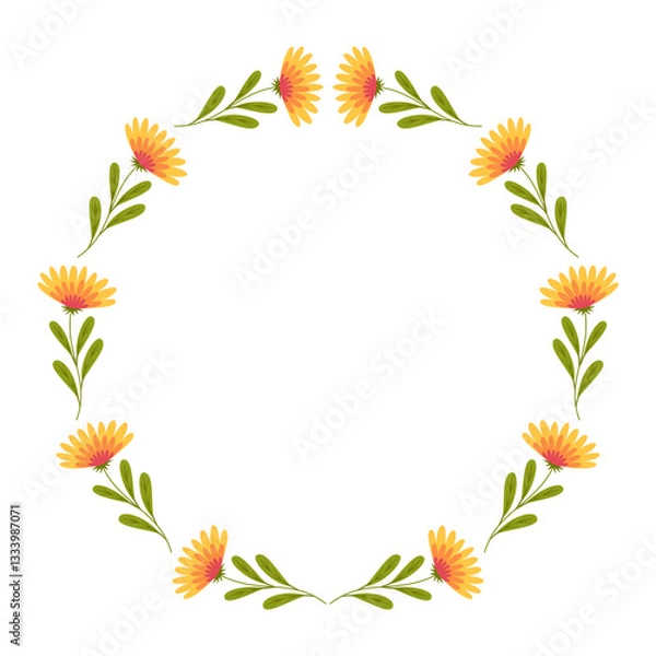 Obraz Beautiful round frame with wildflowers. Simple flat style. Bright illustration for card, invitation card for wedding, birthday and other holiday and cute spring background.Vector illustration.