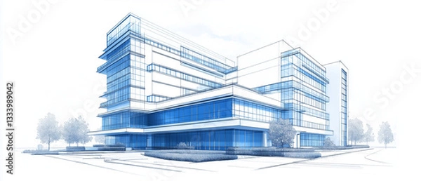 Obraz Perspective view of a modern hospital building in architectural blueprint style, rising into the sky with clean lines and a contemporary design