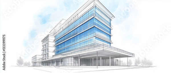 Obraz Technical illustration of a modern hospital with a vertical design, rising into the sky with large windows and blue-tinted glass