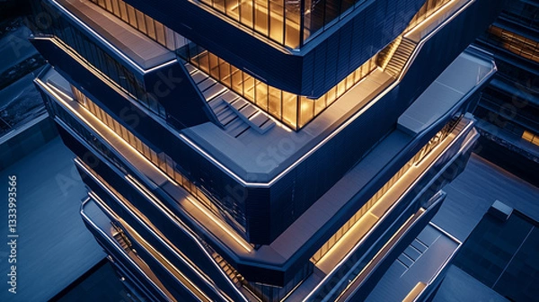 Obraz This futuristic corporate tower features floating geometric segments, each level equipped with brightly lit terraces that wrap around navy blue facades