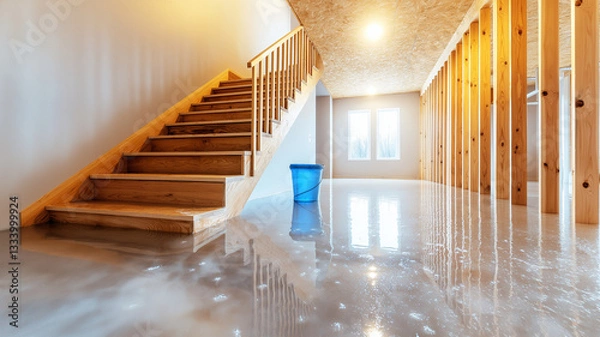 Fototapeta Modern basement interior with wooden stairs and flooded floor, showcasing blue bucket. space is bright and airy, featuring natural light from large windows