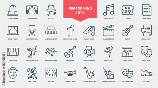 Fototapeta performing arts icon set stage elements musical instruments theatrical symbols, ballet clapper stand board shoes