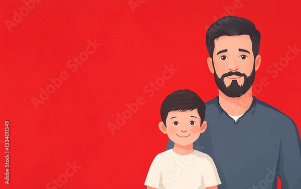 Fototapeta Cartoon illustration of a father and son posing together against a red background.