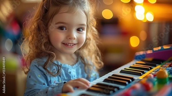Obraz Toddler girl playing keyboard indoors, festive lights