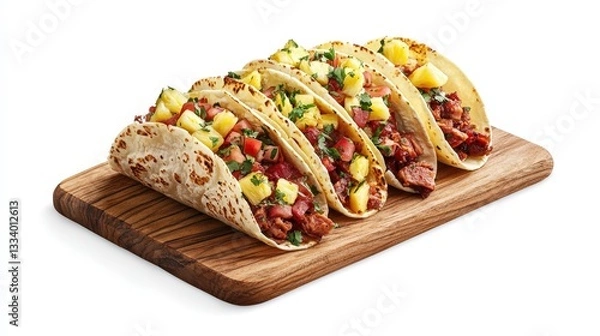 Fototapeta Delicious al pastor tacos served on a wooden board accompanied by fresh pineapple pieces for a culinary delight