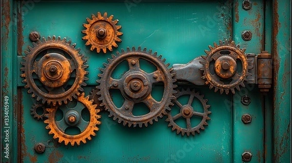 Fototapeta Rusty Gears And Mechanisms Placed On A Teal Wooden Surface