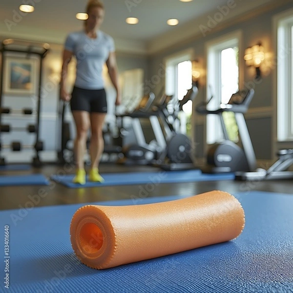 Fototapeta An orange foam roller on a blue mat in a gym setting